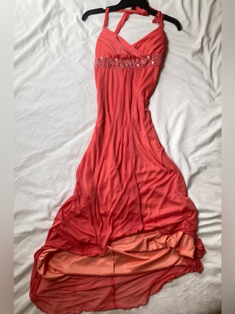 Y2K Style Halter Coral Empire-Waist Maxi Dress with Sequin Details